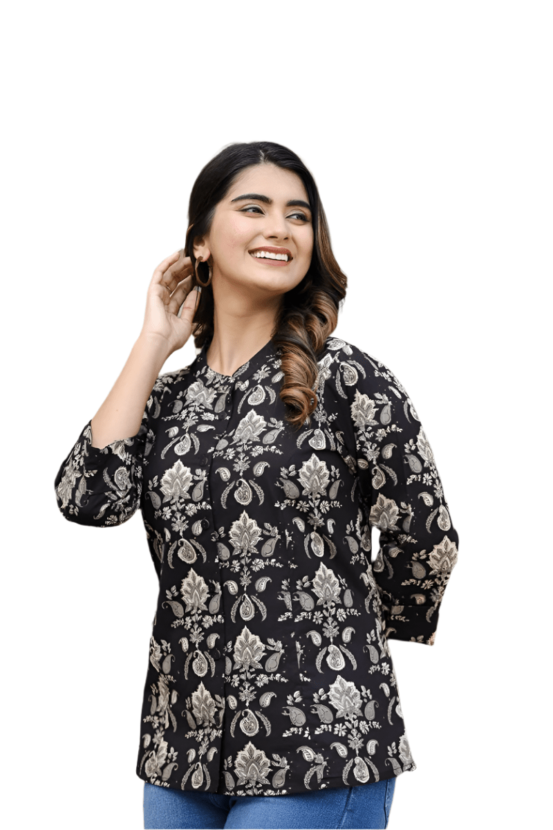 Heritage Vibe Black Ethnic Motif Printed Cotton Top - swadeshsouq.com