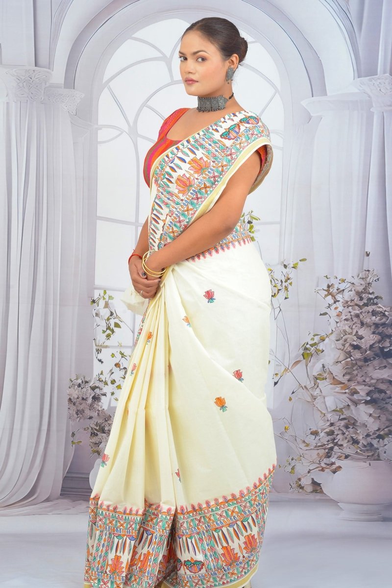 Ivory Elegance Madhubani Hand - Painted Kerala Cotton Saree – Divine Maa Durga Motif with Lotus Buttis - swadeshsouq.com