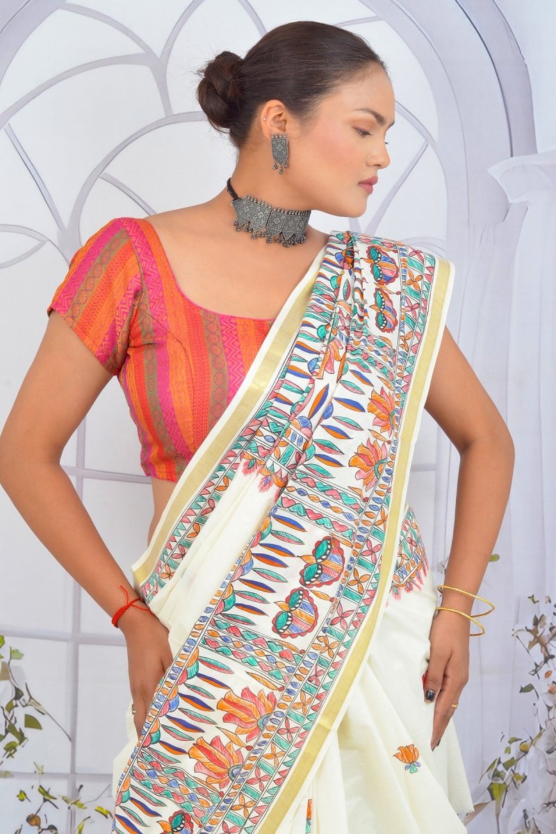 Ivory Elegance Madhubani Hand - Painted Kerala Cotton Saree – Divine Maa Durga Motif with Lotus Buttis - swadeshsouq.com