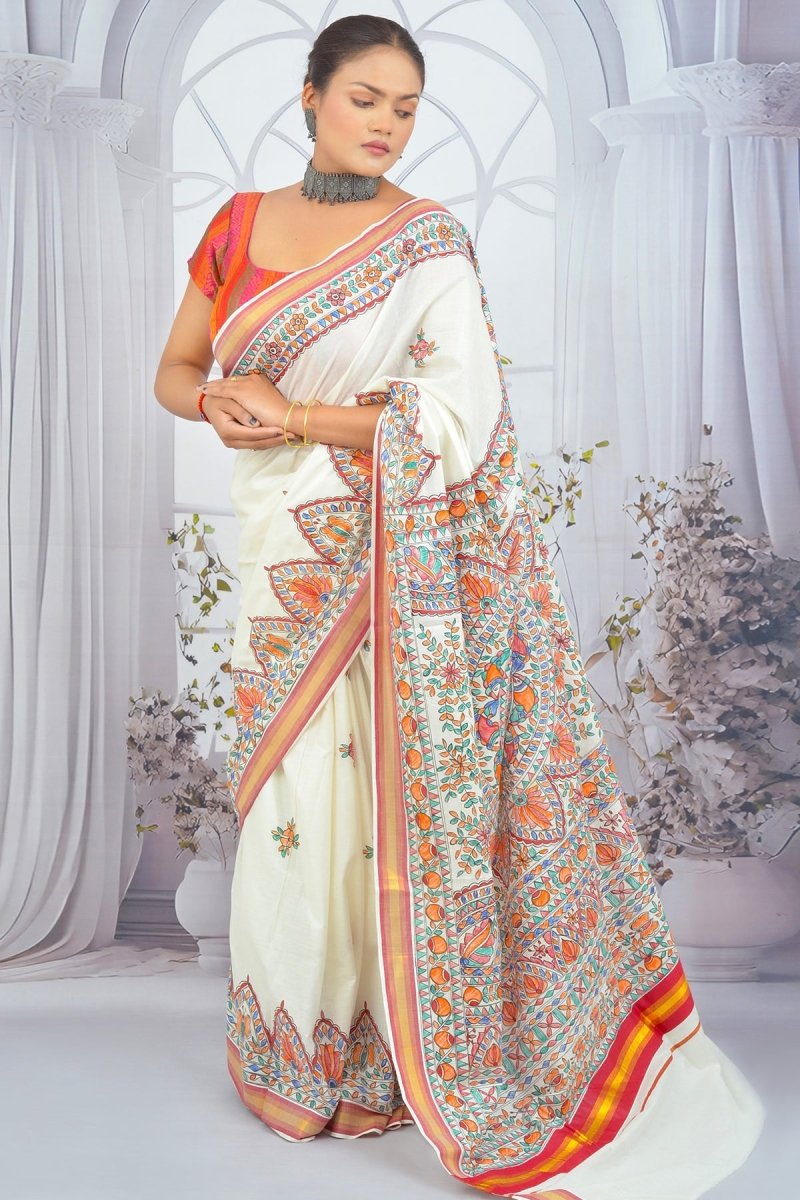 Ivory Elegance Madhubani Hand - Painted Kerala Cotton Saree – Floral Motifs with Artistic Borders - swadeshsouq.com