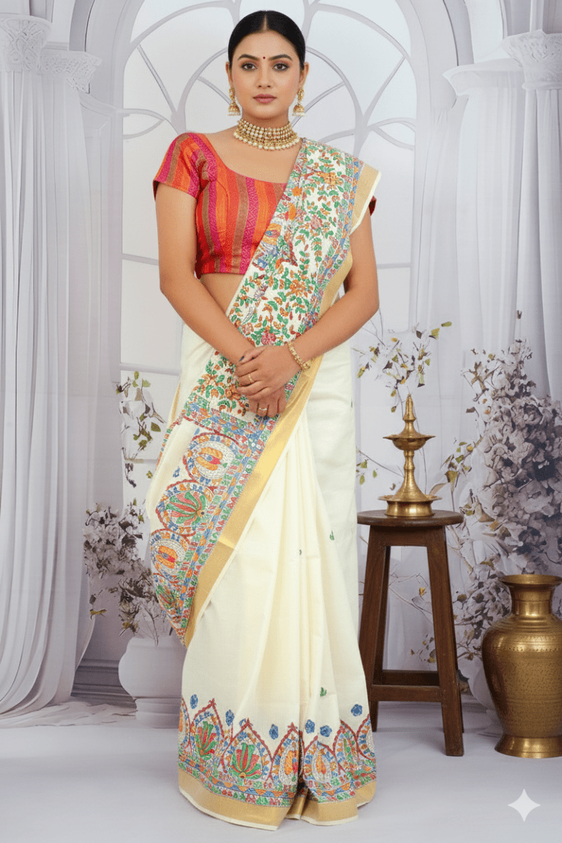 Ivory Elegance Madhubani Hand - Painted Kerala Cotton Saree – Floral Motifs with Artistic Borders - swadeshsouq.com