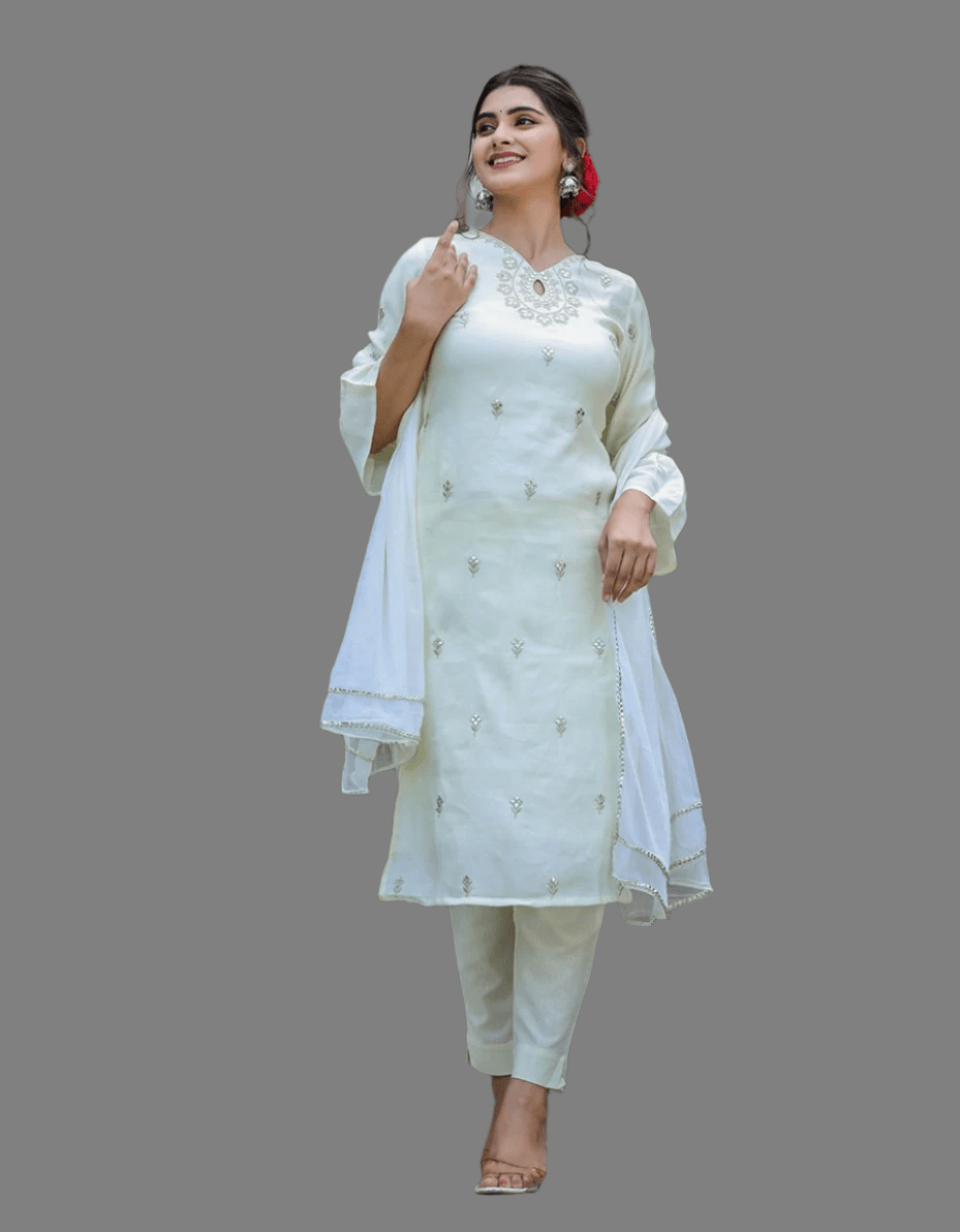 Ivory Grace Embroidered Silk Kurta Pant Set with Dupatta - swadeshsouq.com