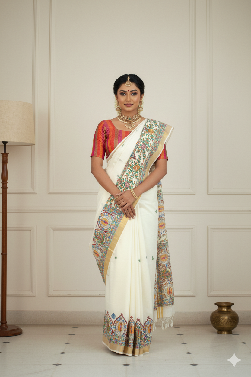 Ivory Elegance Madhubani Hand-Painted Kerala Cotton Saree – Floral Motifs with Artistic Borders