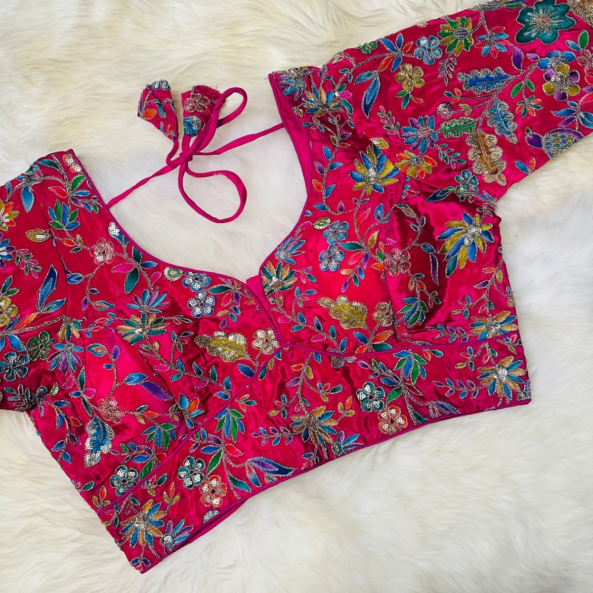 Luxury Pink Pure Crepe Blouse with Multicolour Appliqué & Sequins – Full Sleeves, Party Wear - swadeshsouq.com