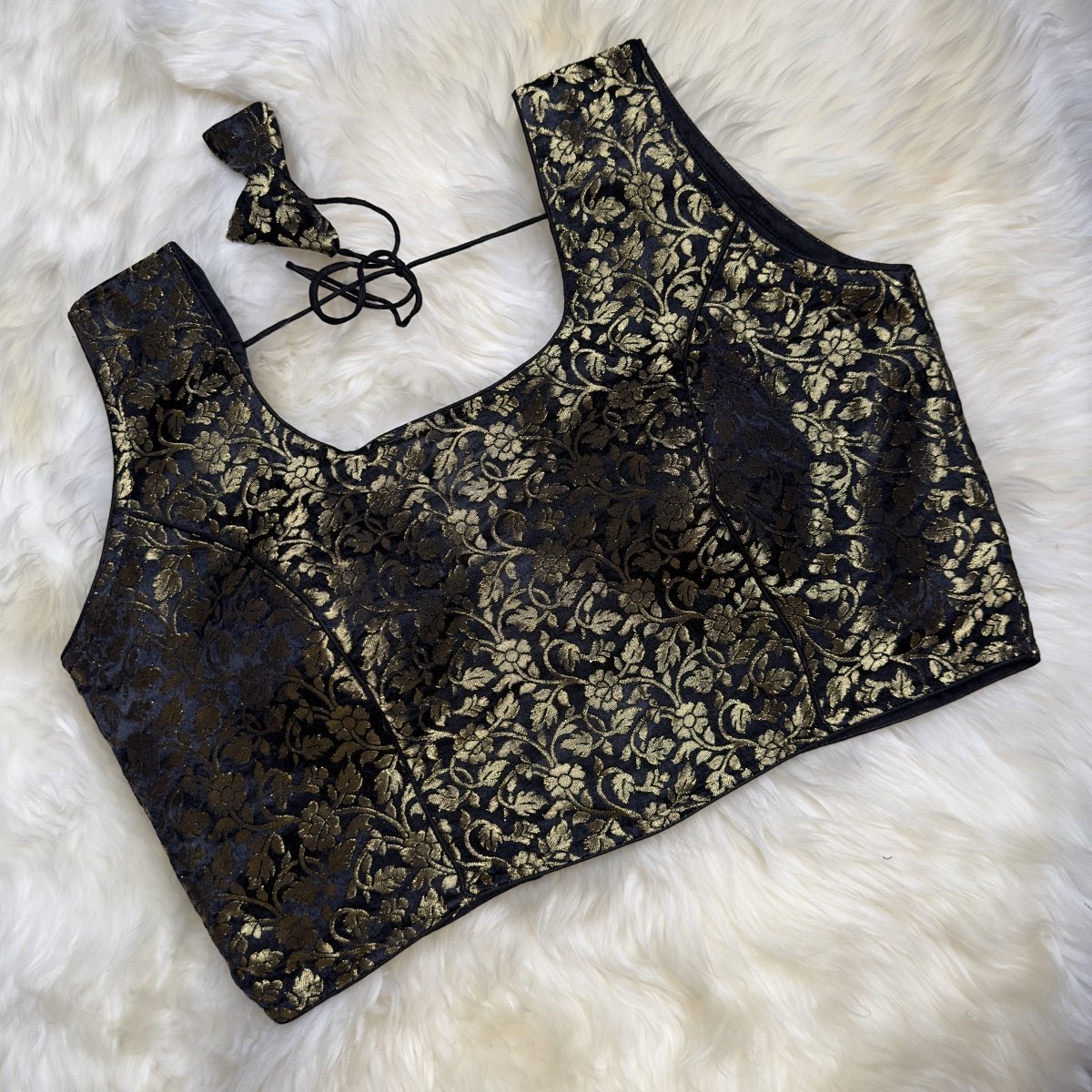 Royal Blue Pure Brocade Silk Blouse with Square Neckline