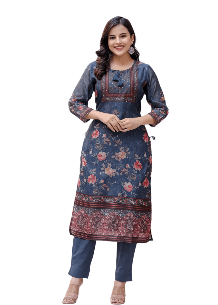 Midnight Blossom Chanderi Kurta Pant Set with Dupatta - swadeshsouq.com
