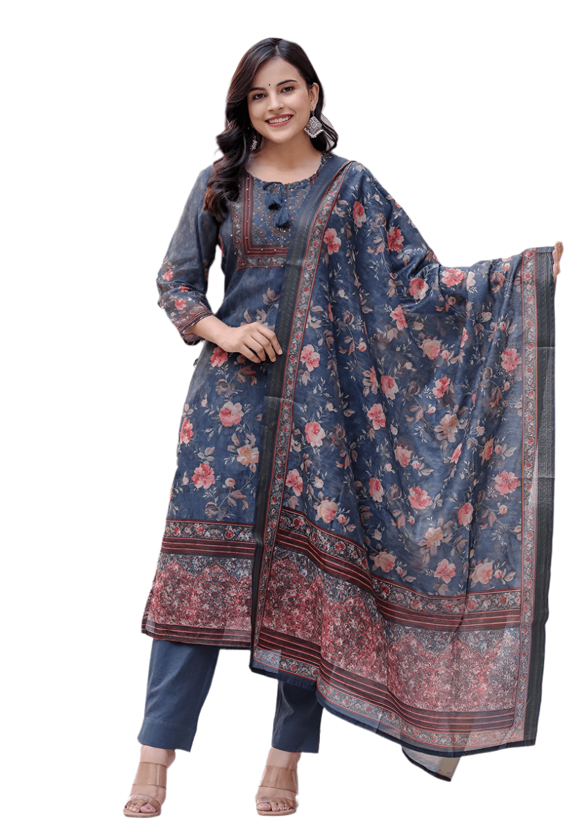 Midnight Blossom Chanderi Kurta Pant Set with Dupatta - swadeshsouq.com