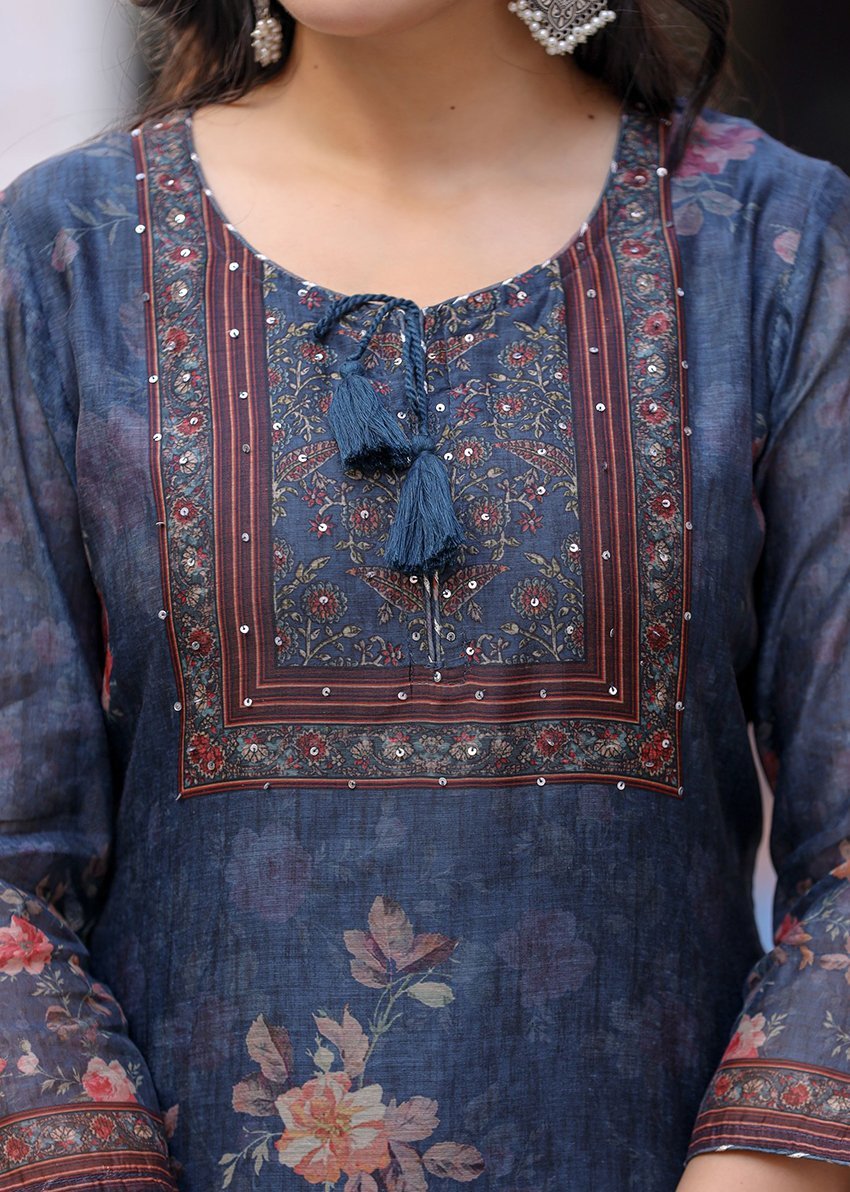 Midnight Blossom Chanderi Kurta Pant Set with Dupatta - swadeshsouq.com