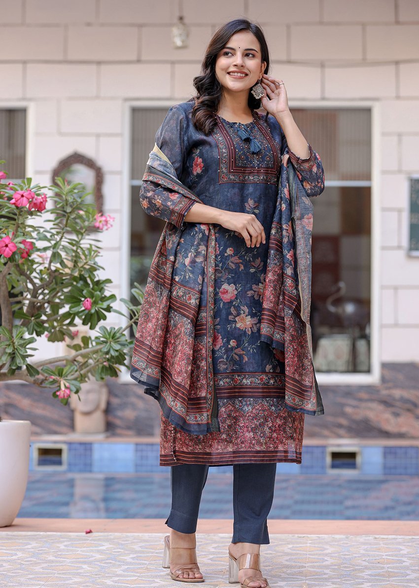 Midnight Blossom Chanderi Kurta Pant Set with Dupatta - swadeshsouq.com