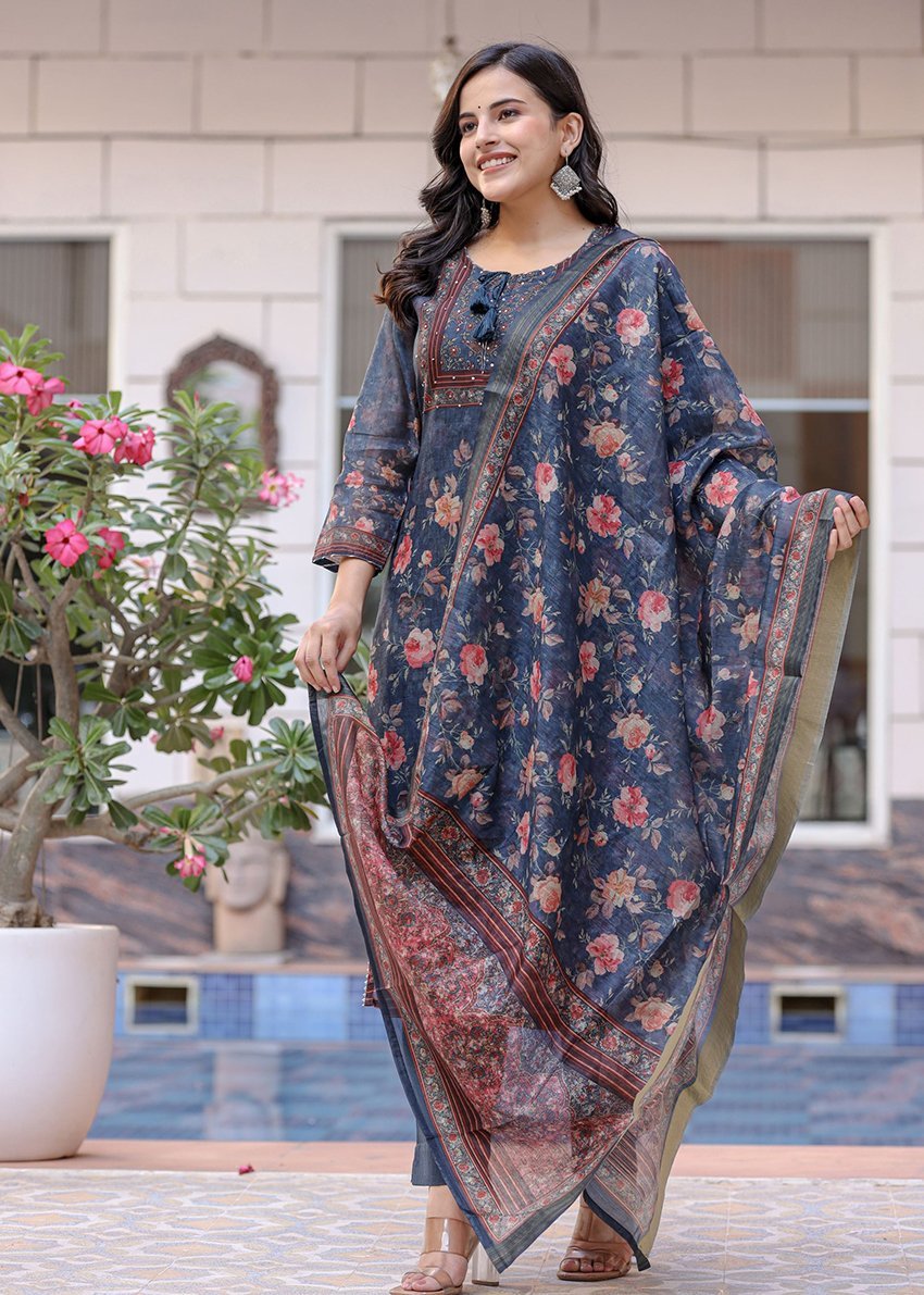 Midnight Blossom Chanderi Kurta Pant Set with Dupatta - swadeshsouq.com