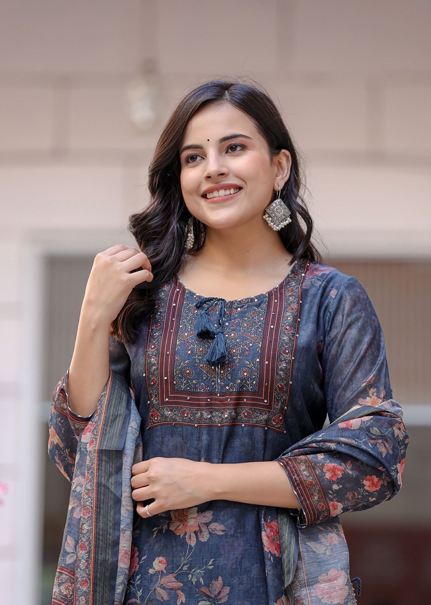 Midnight Blossom Chanderi Kurta Pant Set with Dupatta - swadeshsouq.com