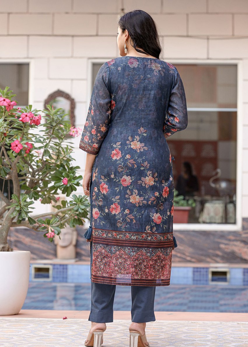 Midnight Blossom Chanderi Kurta Pant Set with Dupatta - swadeshsouq.com