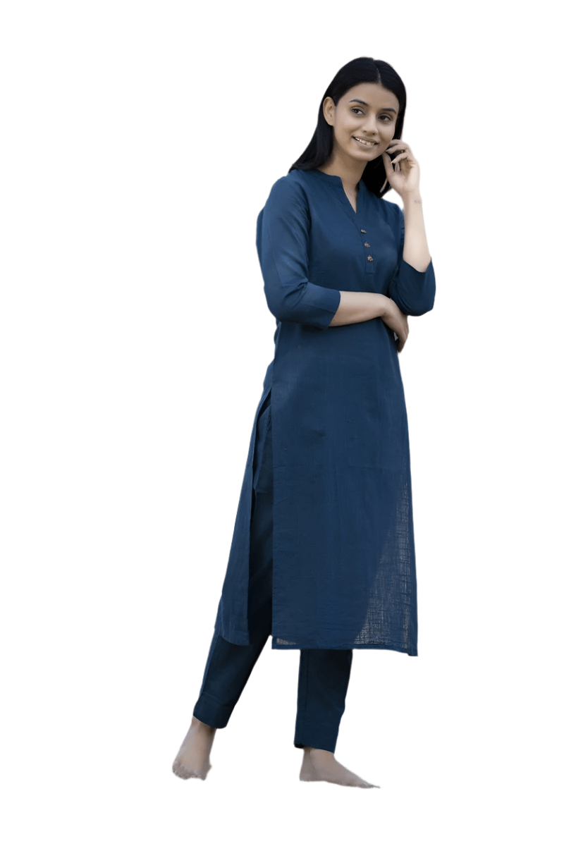 Midnight Calm Navy Blue Solid Cotton Casual Kurta - swadeshsouq.com