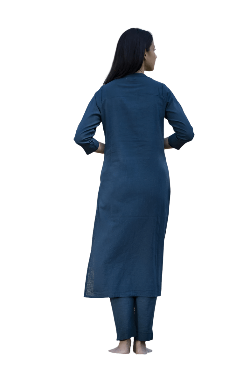 Midnight Calm Navy Blue Solid Cotton Casual Kurta - swadeshsouq.com