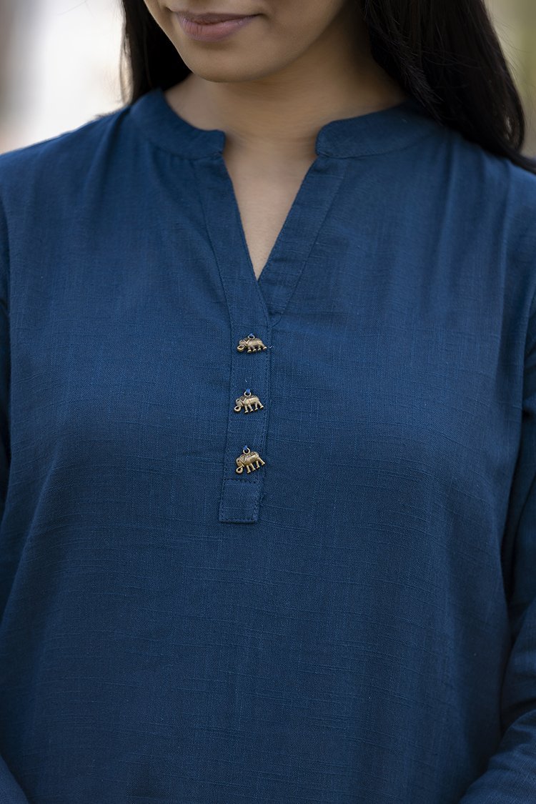 Midnight Calm Navy Blue Solid Cotton Casual Kurta - swadeshsouq.com