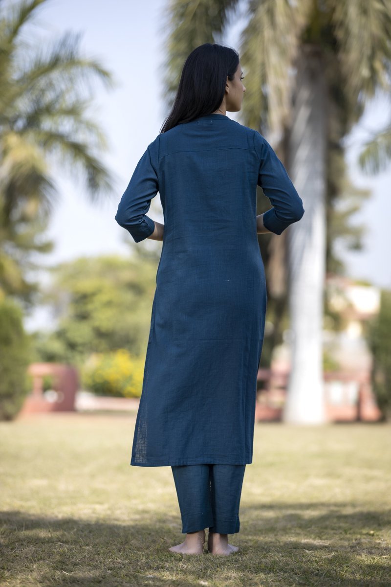 Midnight Calm Navy Blue Solid Cotton Casual Kurta - swadeshsouq.com