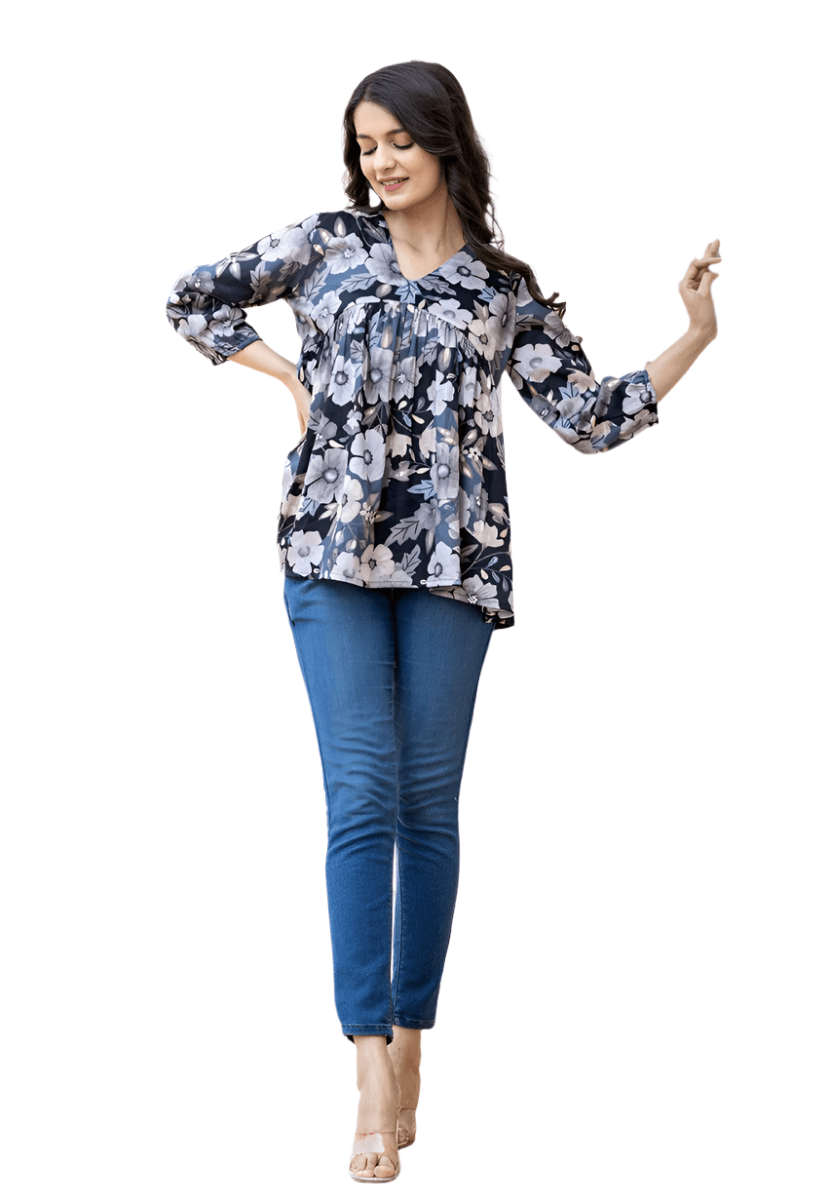 Midnight Garden Black Floral Butter Cotton Top - swadeshsouq.com