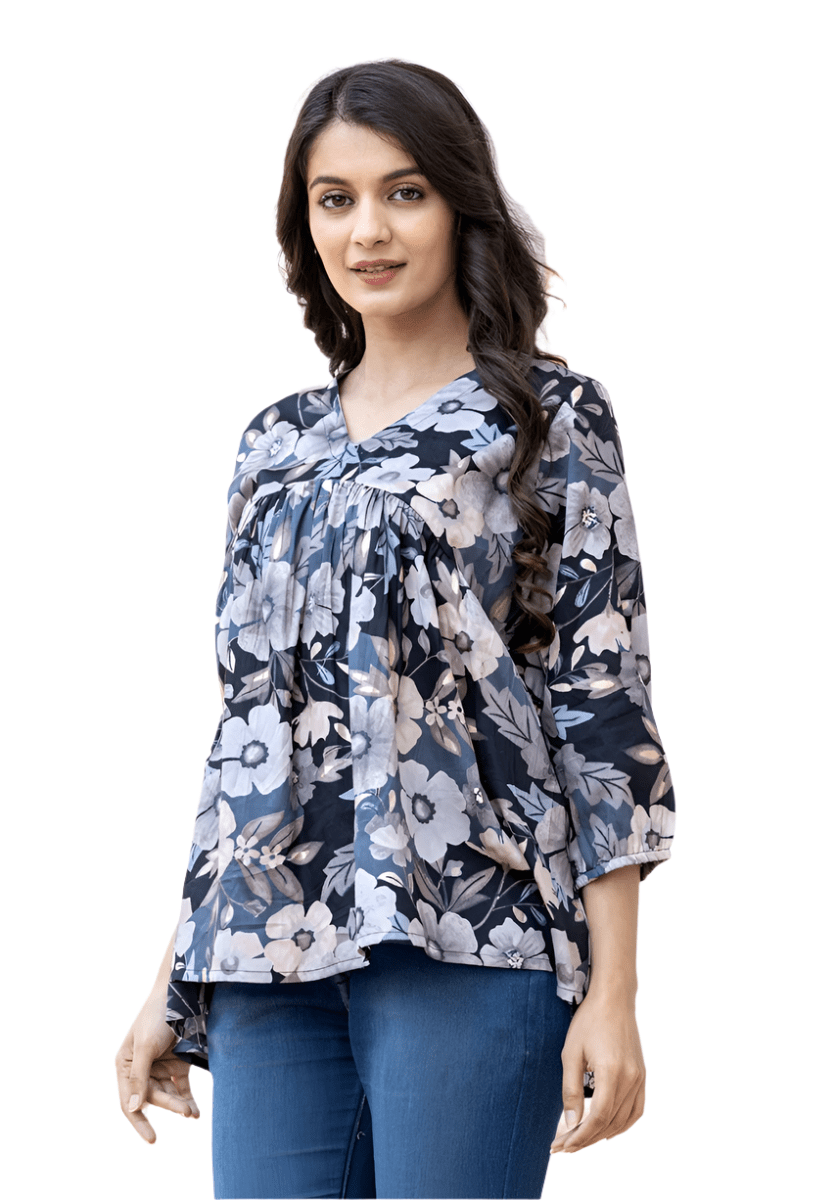 Midnight Garden Black Floral Butter Cotton Top - swadeshsouq.com