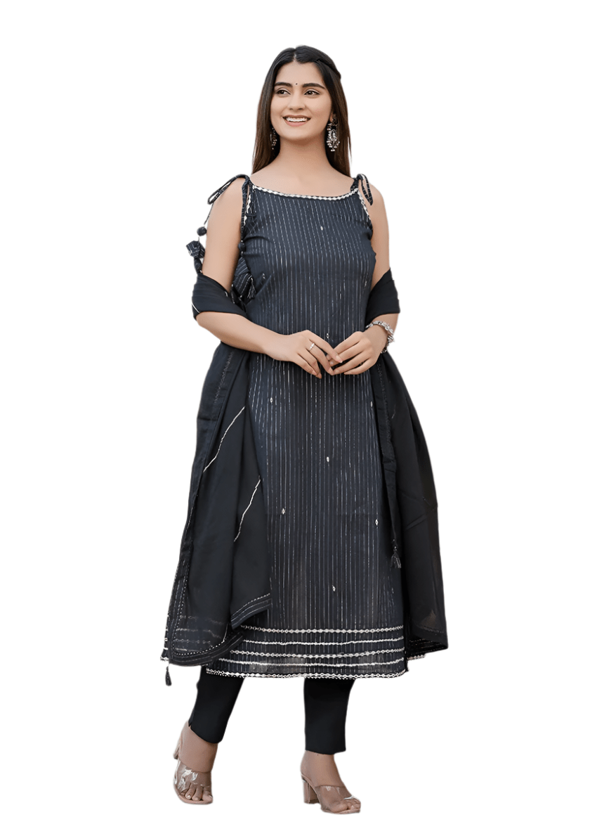 Midnight Sparkle Black Lurex Sleeveless Cotton Kurta Pant Set with Dupatta - swadeshsouq.com