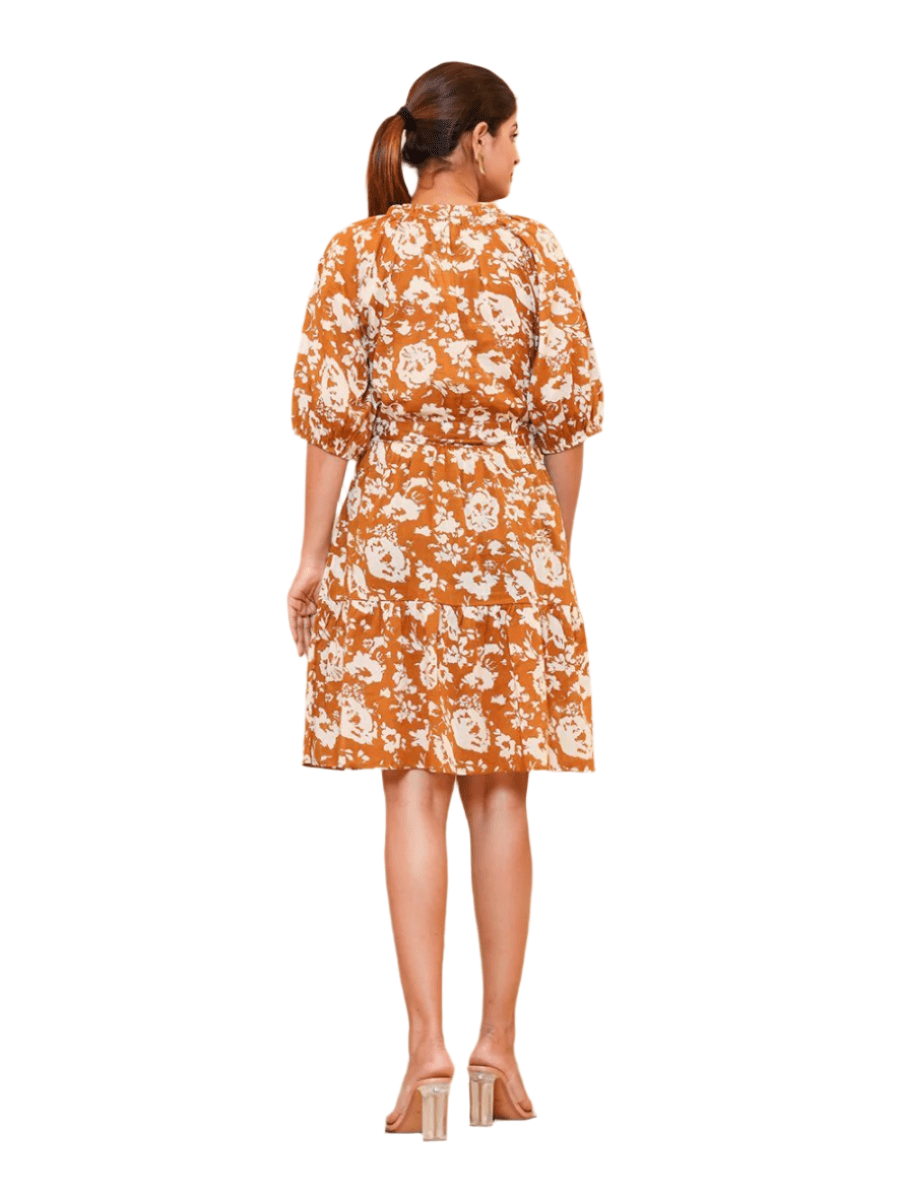 Mustard Floral Printed Cotton Melta Dress – Bloom in Style - swadeshsouq.com