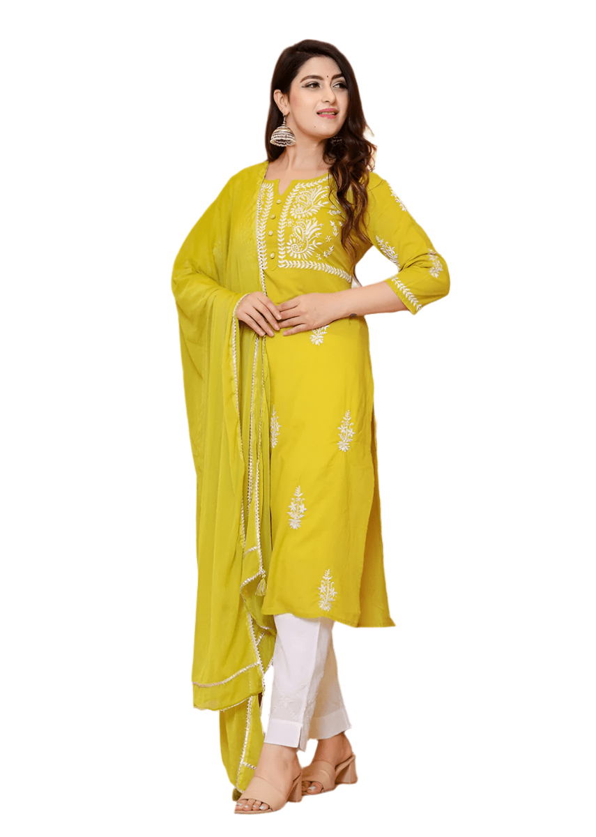 Mustard Lucknowi Chikankari Kurta Pant Set with Dupatta – Timeless Elegance - swadeshsouq.com