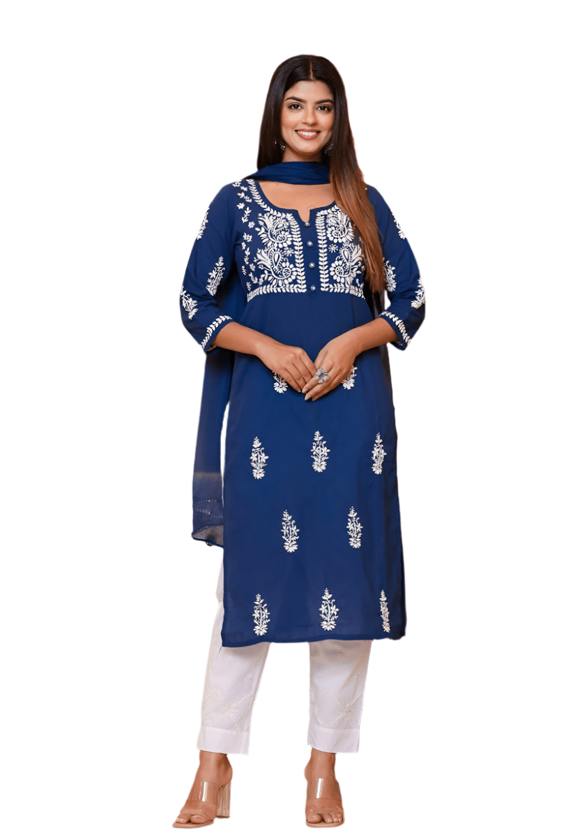 Navy Blue Lucknowi Chikankari Kurta Pant Set with Dupatta - swadeshsouq.com