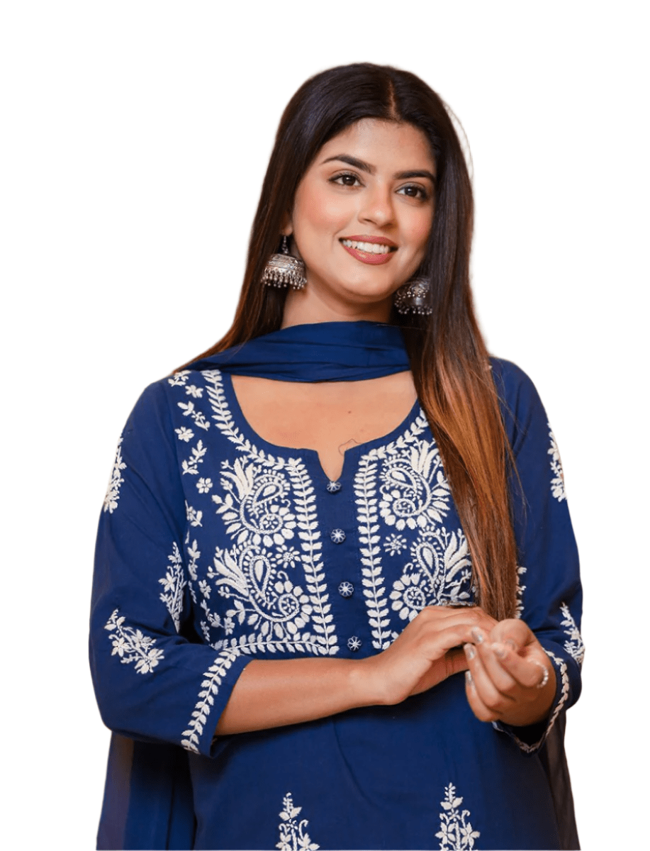 Navy Blue Lucknowi Chikankari Kurta Pant Set with Dupatta - swadeshsouq.com