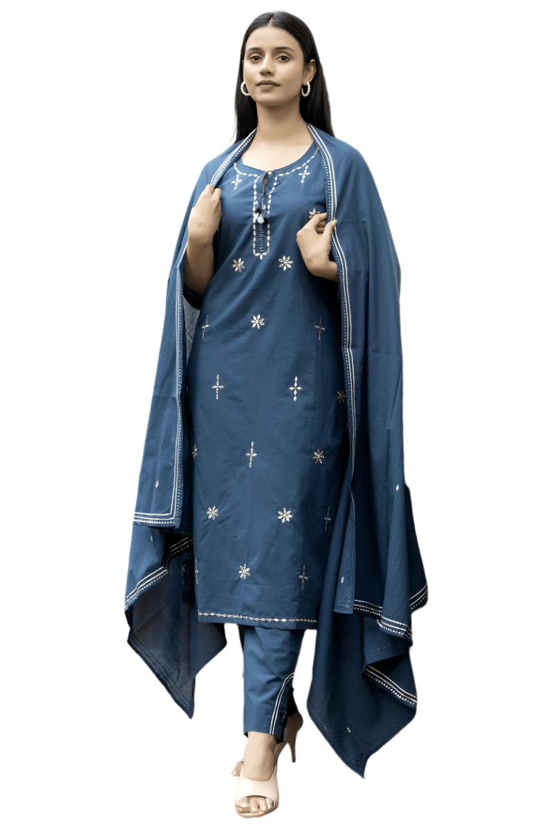 Navy Blue Mirage Mirror Embroidery Cotton Kurta Pant Set with Dupatta - swadeshsouq.com