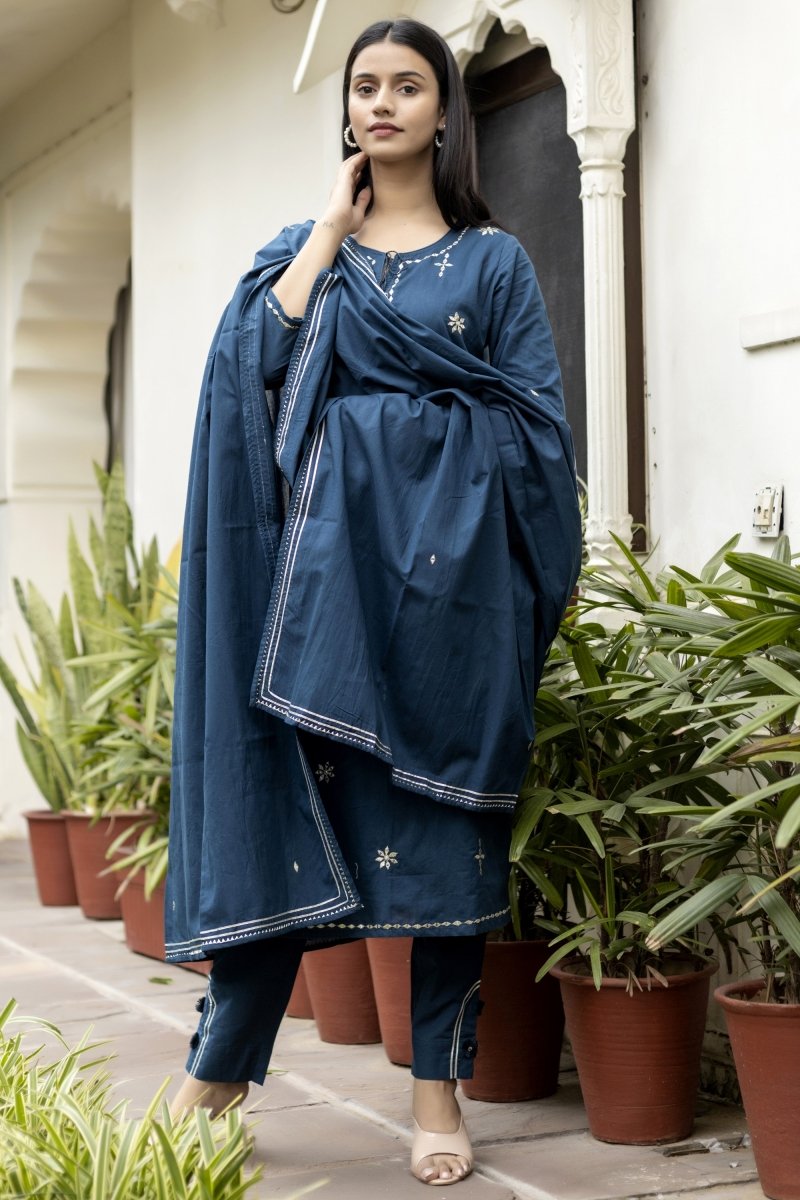 Navy Blue Mirage Mirror Embroidery Cotton Kurta Pant Set with Dupatta - swadeshsouq.com
