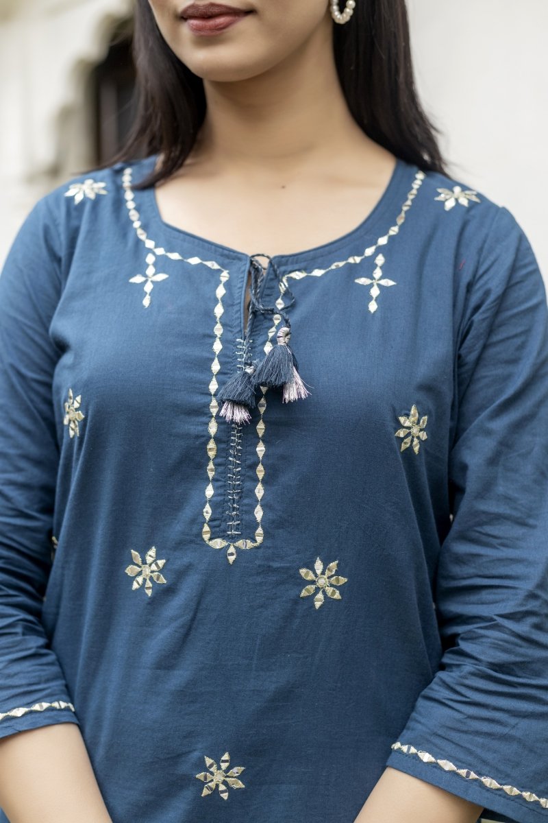 Navy Blue Mirage Mirror Embroidery Cotton Kurta Pant Set with Dupatta - swadeshsouq.com