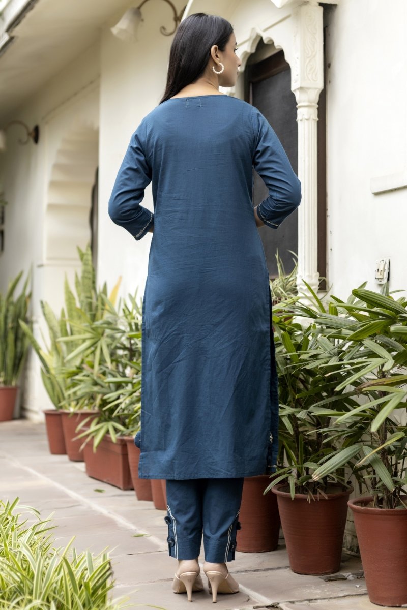 Navy Blue Mirage Mirror Embroidery Cotton Kurta Pant Set with Dupatta - swadeshsouq.com