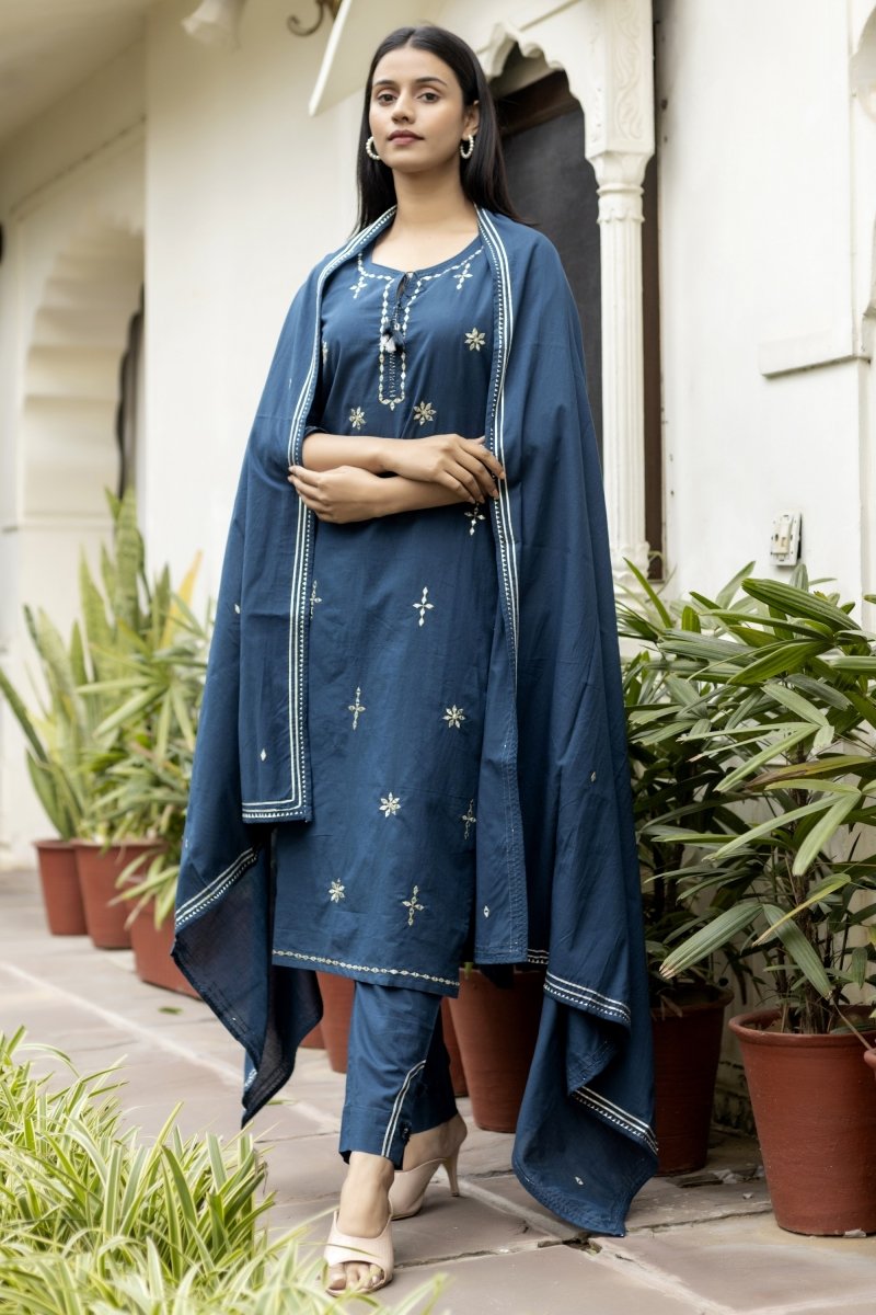 Navy Blue Mirage Mirror Embroidery Cotton Kurta Pant Set with Dupatta - swadeshsouq.com