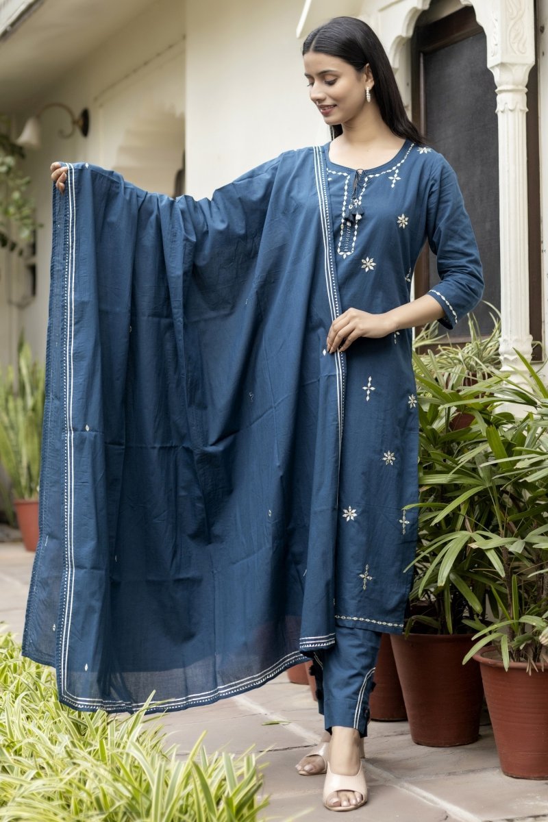 Navy Blue Mirage Mirror Embroidery Cotton Kurta Pant Set with Dupatta - swadeshsouq.com