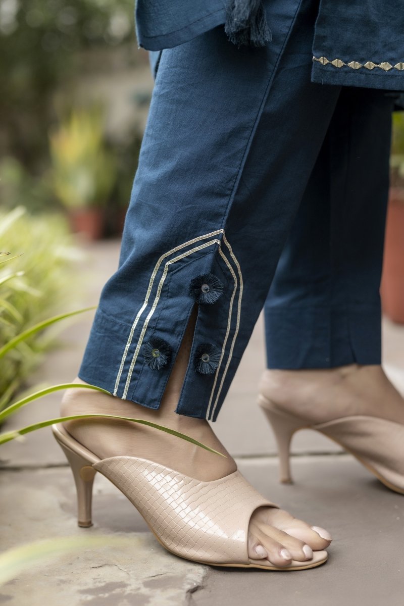 Navy Blue Mirage Mirror Embroidery Cotton Kurta Pant Set with Dupatta - swadeshsouq.com