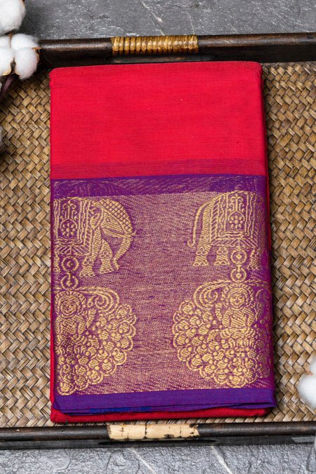 Pink and Purple Chettinad Cotton Saree with Elegant Zari Borders - swadeshsouq.com
