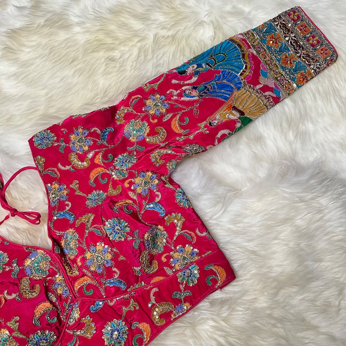 Pink Crepe Designer Blouse with Appliqué Work, Full Embroidered Sleeves & Sequins Detailing (Size 32–40) - swadeshsouq.com