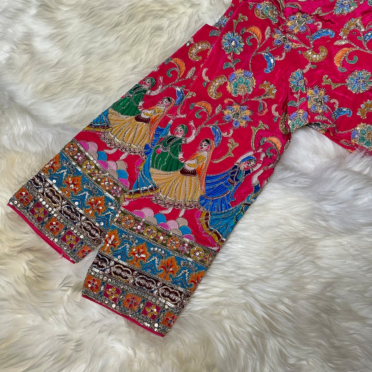 Pink Crepe Designer Blouse with Appliqué Work, Full Embroidered Sleeves & Sequins Detailing (Size 32–40) - swadeshsouq.com