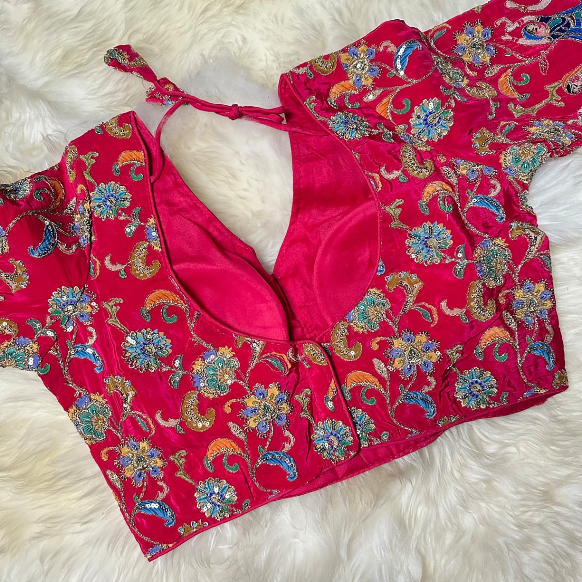 Pink Crepe Designer Blouse with Appliqué Work, Full Embroidered Sleeves & Sequins Detailing (Size 32–40) - swadeshsouq.com