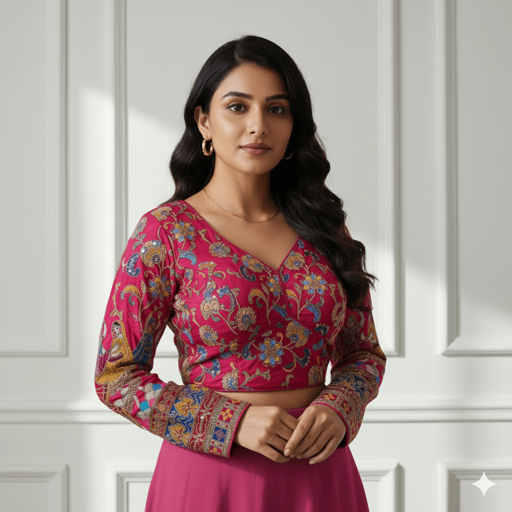 Pink Crepe Designer Blouse with Appliqué Work, Full Embroidered Sleeves & Sequins Detailing (Size 32–40) - swadeshsouq.com