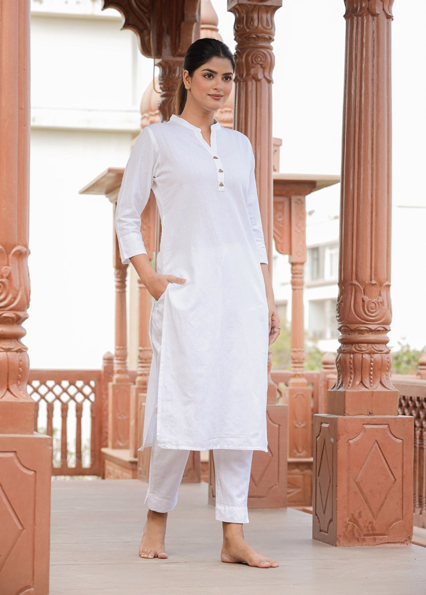 Pure Essence White Solid Cotton Casual Kurta Set - swadeshsouq.com