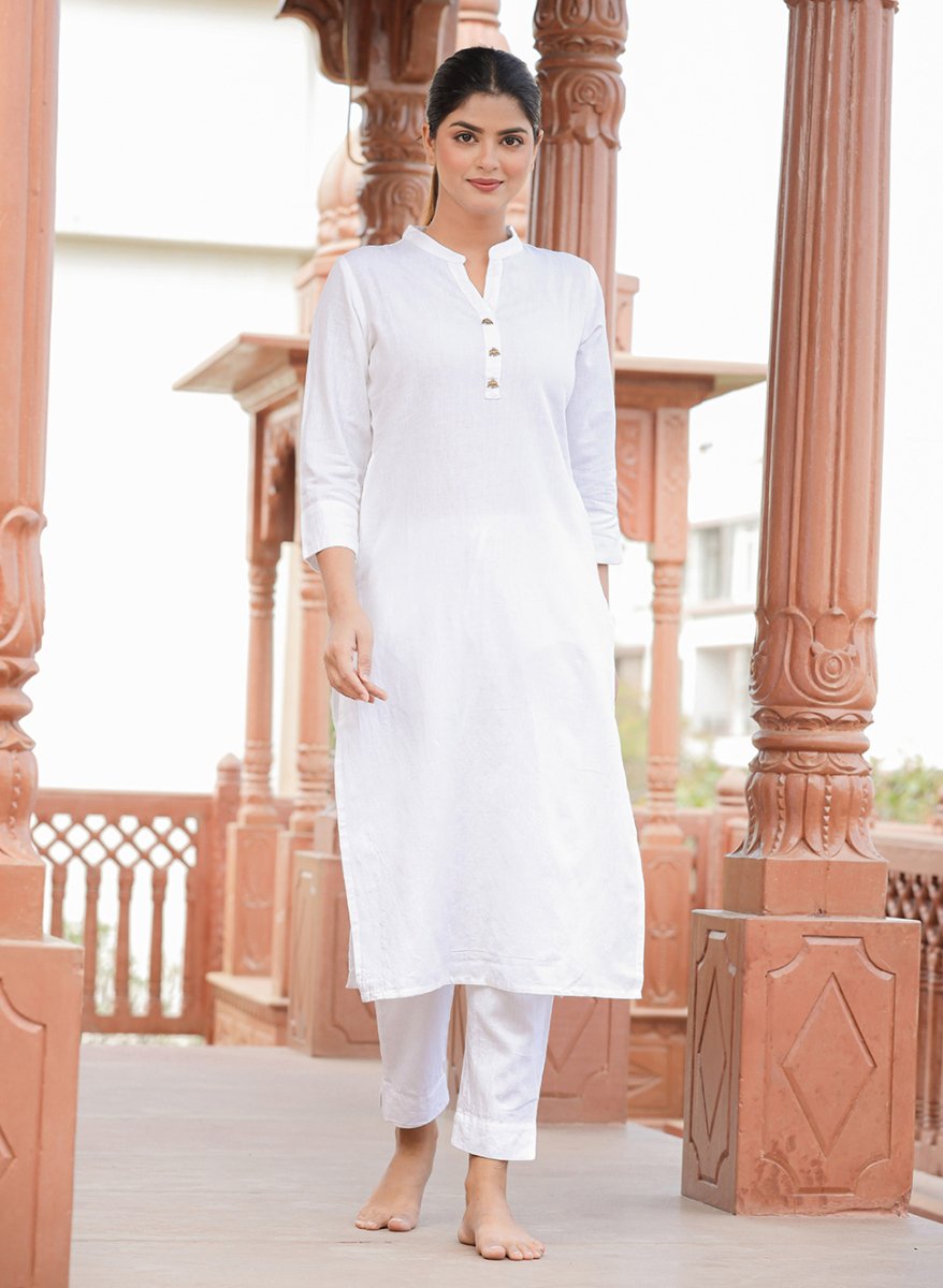 Pure Essence White Solid Cotton Casual Kurta Set - swadeshsouq.com
