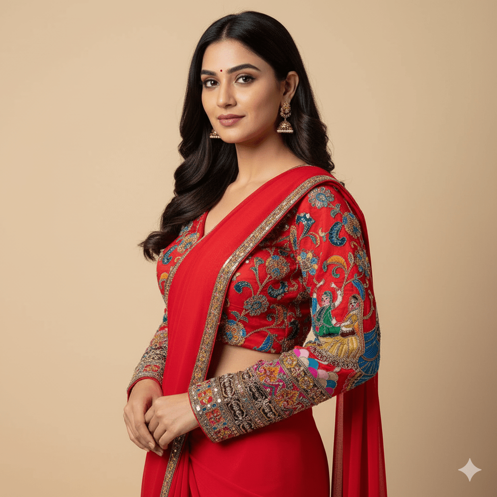 Radiant Red Crepe Designer Blouse with Appliqué & Sequins Work (Size 32–40) - swadeshsouq.com