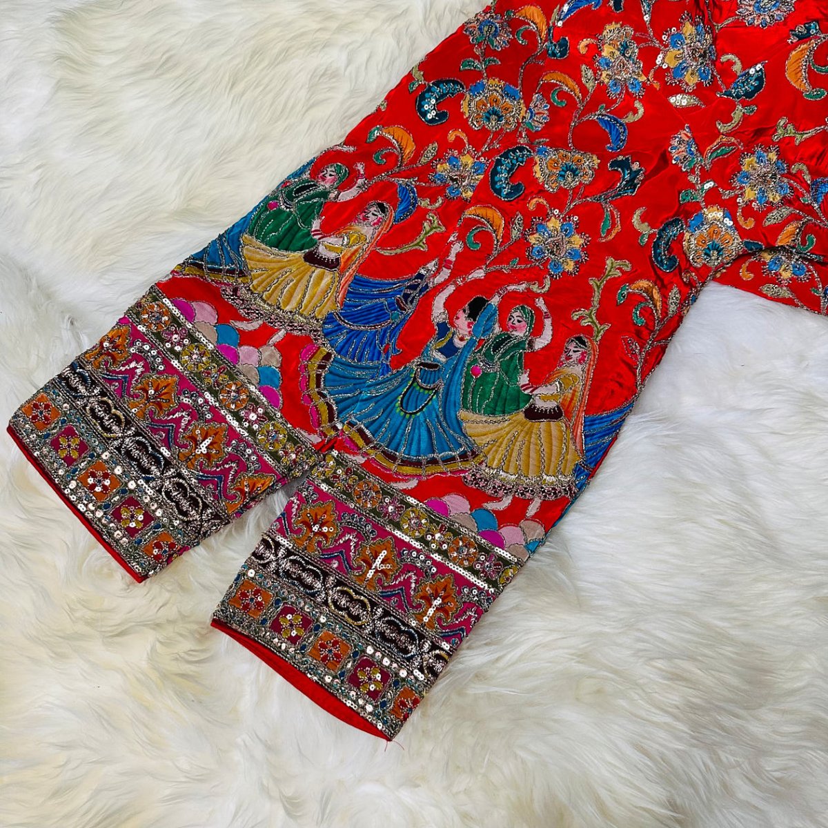 Radiant Red Crepe Designer Blouse with Appliqué & Sequins Work (Size 32–40) - swadeshsouq.com