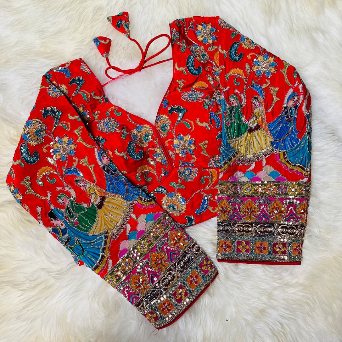 Radiant Red Crepe Designer Blouse with Appliqué & Sequins Work (Size 32–40) - swadeshsouq.com