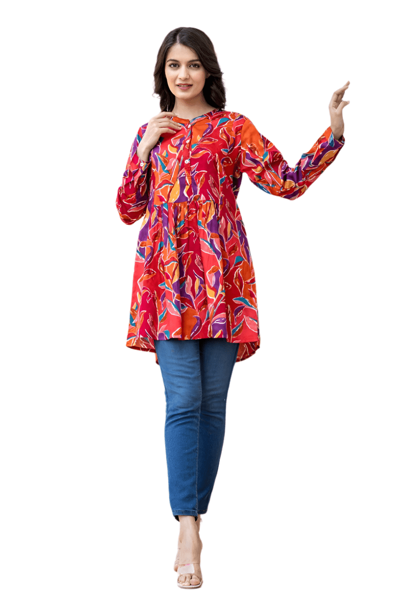 Red Bloom Floral Printed Butter Cotton Top - swadeshsouq.com
