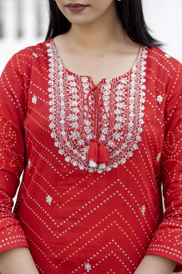Red Embroidered Cotton Kurta Sharara Set with Dupatta – Radiant and Refined - swadeshsouq.com