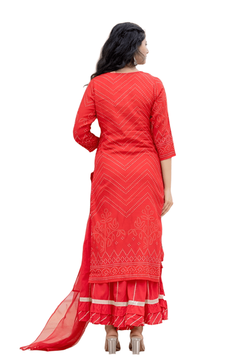Red Gold Printed Cotton Kurta Sharara Set with Dupatta – Regal Elegance and Festive Charm - swadeshsouq.com