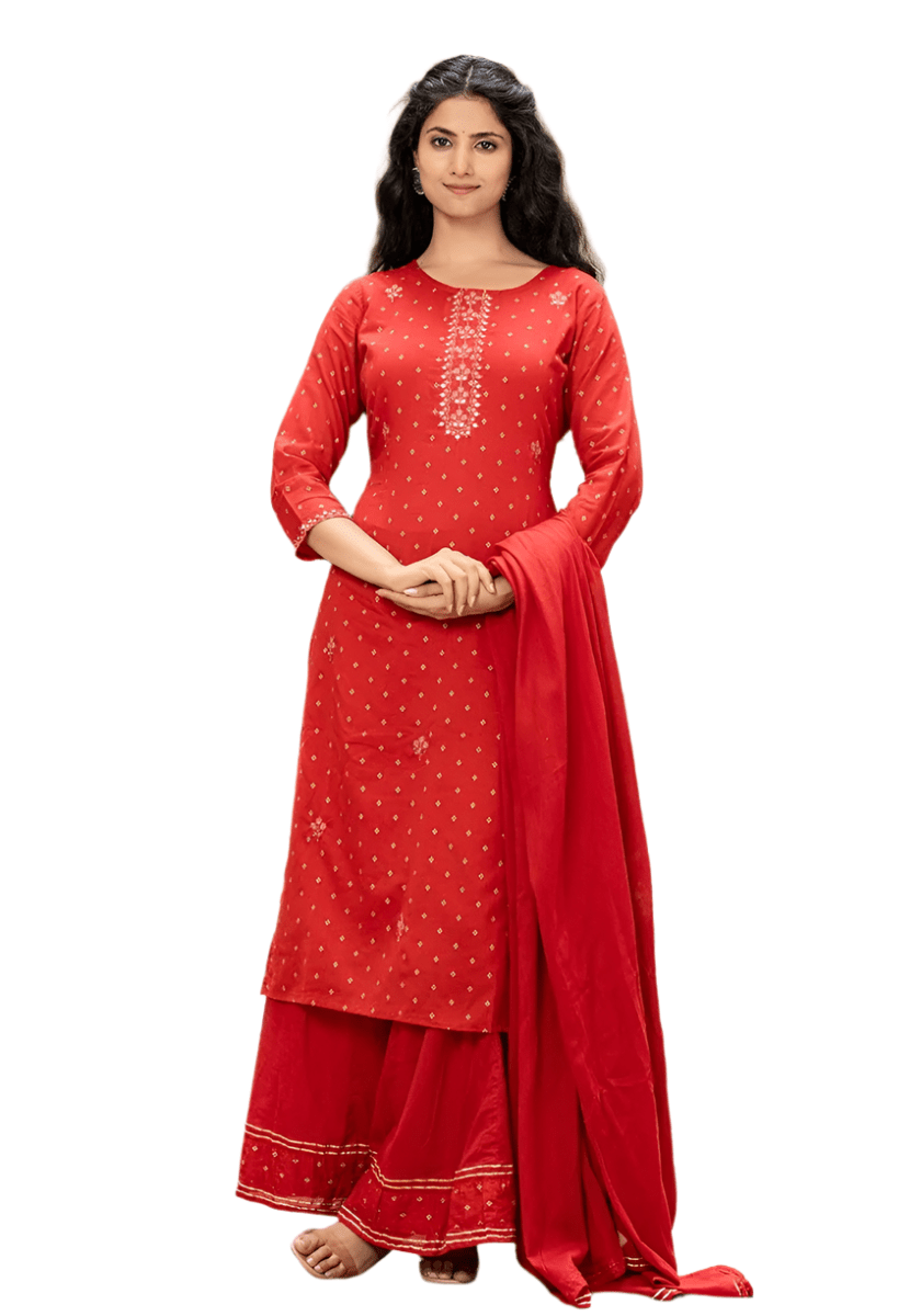 Red Gold Printed Cotton Kurta Sharara Set with Dupatta – Regal Elegance and Festive Charm - swadeshsouq.com