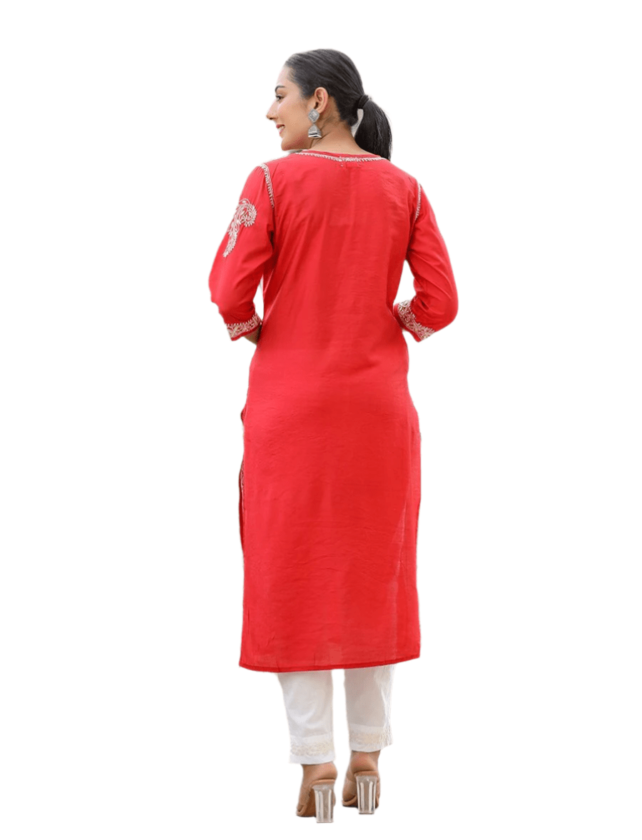 Red Lucknowi Chikankari Kurta Pant Set - swadeshsouq.com
