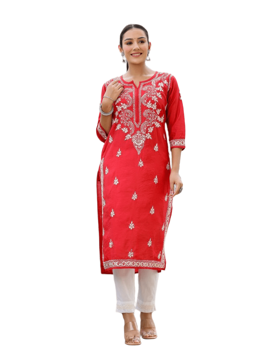 Red Lucknowi Chikankari Kurta Pant Set - swadeshsouq.com